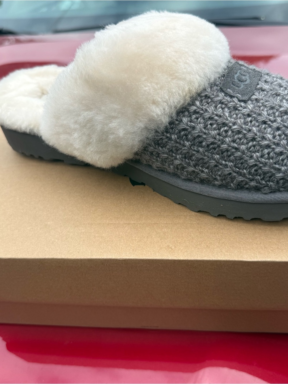 UGG Gray Knit Sheepskin Clog Slippers with Cream Fur Collar